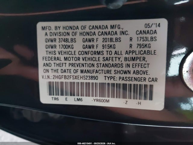 Honda Civic Lx 2014 2HGFB2F5XEH523890 Image 9