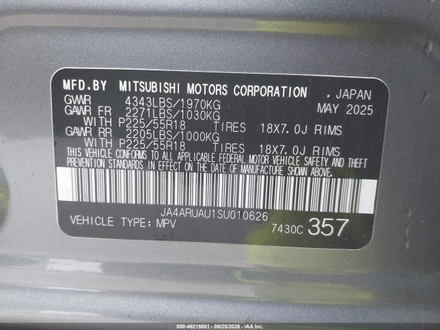 46215501 :رقم المزاد ، JA4ARUAU1SU010626 vin ، 2025 Mitsubishi Outlander Sport 2.0 Es Awc/2.0 Le Awc/2.0 S Awc/2.0 Se Awc/2.0 Trail Edition Awc مزاد بيع