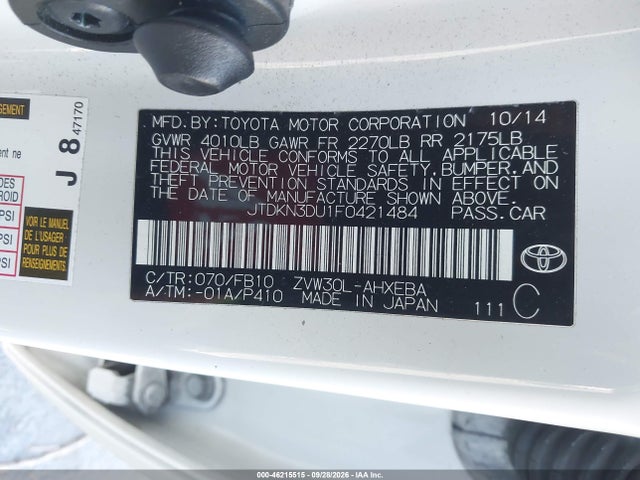Toyota Prius Two 2015 JTDKN3DU1F0421484 Image 9
