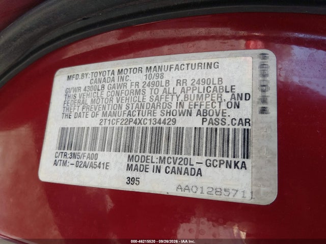 46215520 :رقم المزاد ، 2T1CF22P4XC134429 vin ، 1999 Toyota Camry Solara Se مزاد بيع