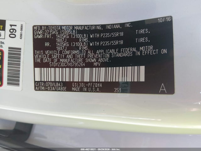 46215521 :رقم المزاد ، 5TDYZ3DC7HS795264 vin ، 2017 Toyota Sienna Limited Premium 7 Passenger مزاد بيع