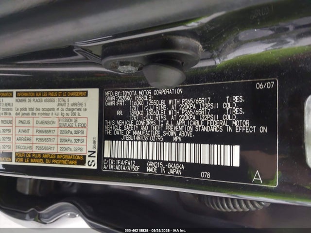 2007 Toyota 4runner Sr5 V6 მანქანა იყიდება აუქციონზე, vin: JTEBU14R478103795, აუქციონის ნომერი: 46215535