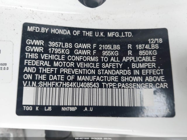 Продажа на аукционе авто 2019 Honda Civic Ex, vin: SHHFK7H64KU408543, номер лота: 46215550