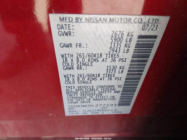 2023 Nissan Pathfinder Rock Creek 4wd მანქანა იყიდება აუქციონზე, vin: 5N1DR3BD3PC277593, აუქციონის ნომერი: 46215556