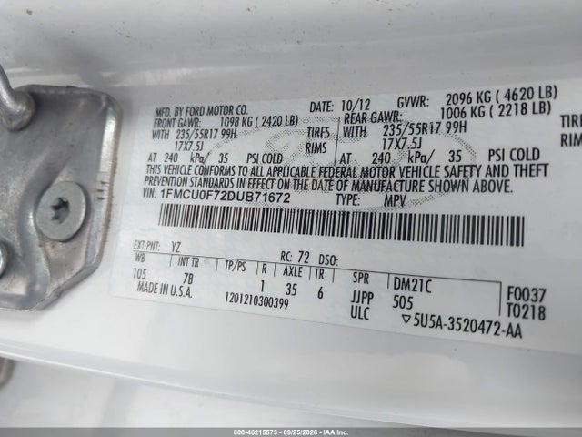 46215573 :رقم المزاد ، 1FMCU0F72DUB71672 vin ، 2013 Ford Escape S مزاد بيع
