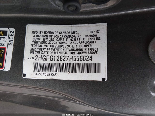 46215582 :رقم المزاد ، 2HGFG12827H556624 vin ، 2007 Honda Civic Ex مزاد بيع