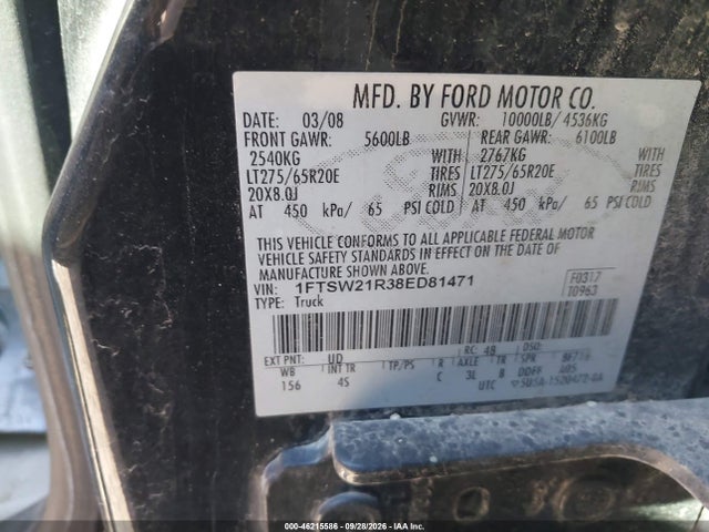 Продаж на аукціоні авто 2008 Ford F-250 Fx4/harley-davidson/king Ranch/lariat/xl/xlt, vin: 1FTSW21R38ED81471, номер лоту: 46215586