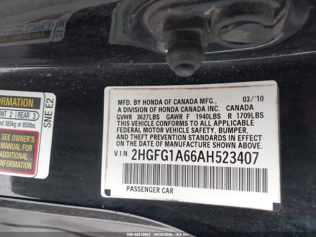 2010 Honda Civic Lx მანქანა იყიდება აუქციონზე, vin: 2HGFG1A66AH523407, აუქციონის ნომერი: 46215602