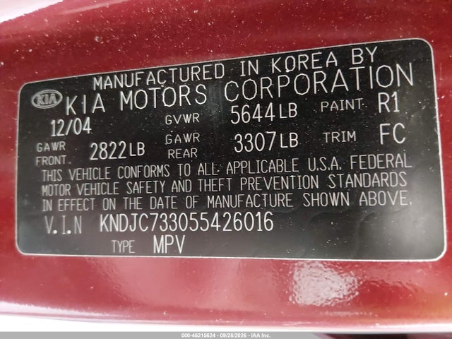 46215624 :رقم المزاد ، KNDJC733055426016 vin ، 2005 Kia Sorento Ex/lx مزاد بيع