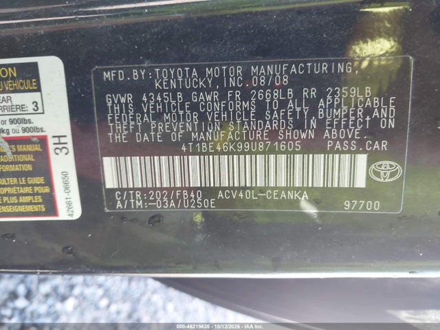 46215635 :رقم المزاد ، 4T1BE46K99U871605 vin ، 2009 Toyota Camry Le مزاد بيع