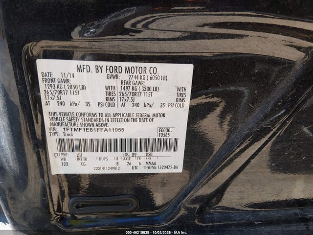 46215639 :رقم المزاد ، 1FTMF1E81FFA11955 vin ، 2015 Ford F-150 Xl مزاد بيع