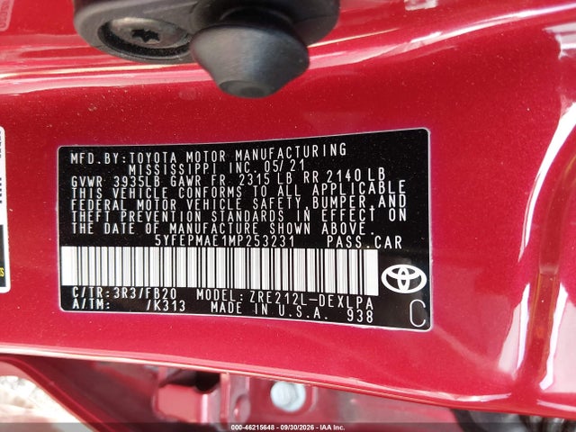 5YFEPMAE1MP253231 Toyota COROLLA LE
