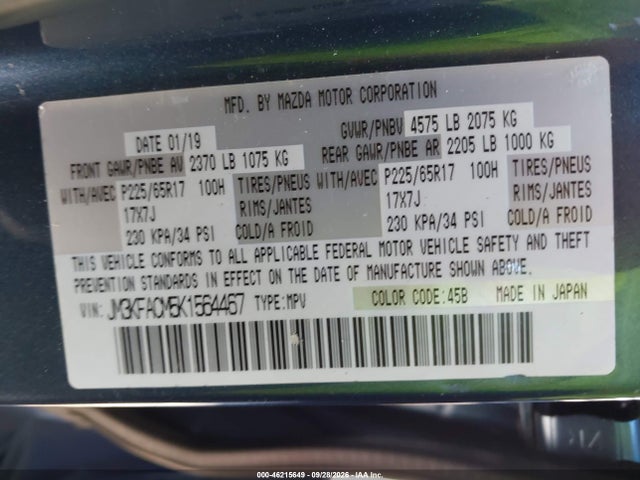 46215649 :رقم المزاد ، JM3KFACM5K1564467 vin ، 2019 Mazda Cx-5 Touring مزاد بيع
