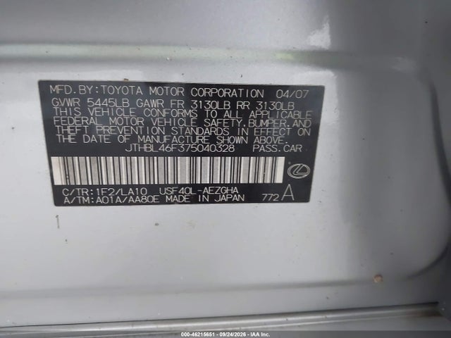 Продажа на аукционе авто 2007 Lexus Ls 460, vin: JTHBL46F375040328, номер лота: 46215651