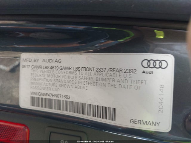 2017 Audi A4 2.0t Ultra Premium მანქანა იყიდება აუქციონზე, vin: WAUGMAF47HN071663, აუქციონის ნომერი: 46215655