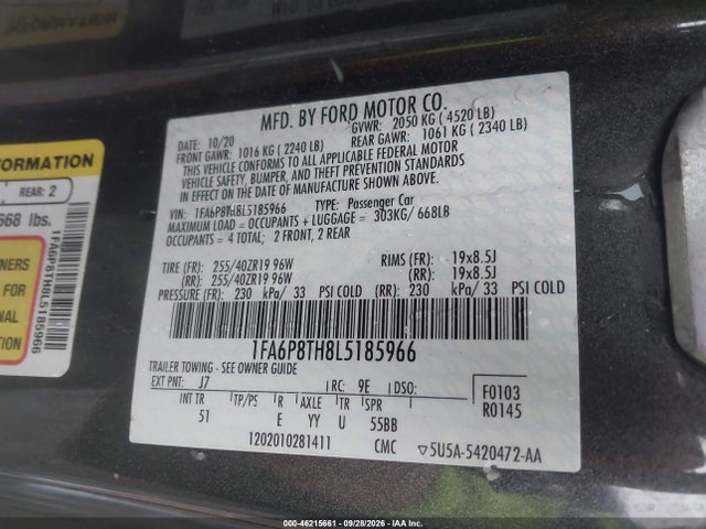 Aukcja sprzedaży 2020 Ford Mustang Ecoboost Premium Fastback, vin: 1FA6P8TH8L5185966, numer aukcji: 46215661