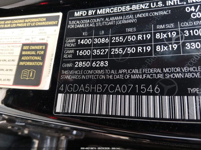Продажа на аукционе авто 2012 Mercedes-benz Ml 350 4matic, vin: 4JGDA5HB7CA071546, номер лота: 46215674