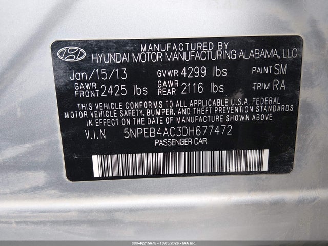 Auction sale of the 2013 Hyundai Sonata Gls, vin: 5NPEB4AC3DH677472, lot number: 46215675