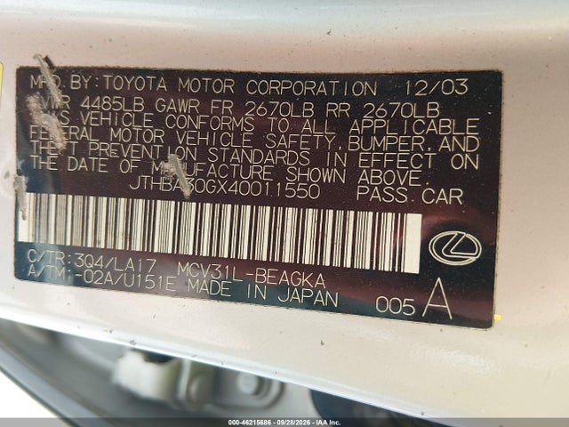 Продаж на аукціоні авто 2004 Lexus Es 330, vin: JTHBA30GX40011550, номер лоту: 46215686