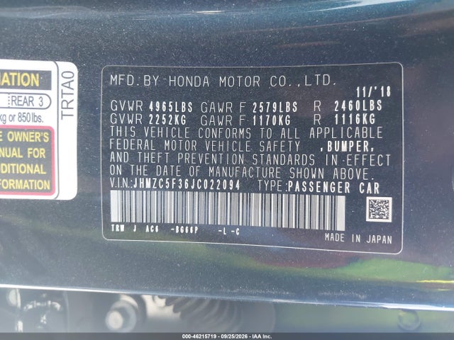 Продаж на аукціоні авто 2018 Honda Clarity Plug-in Hybrid Touring, vin: JHMZC5F36JC022094, номер лоту: 46215719