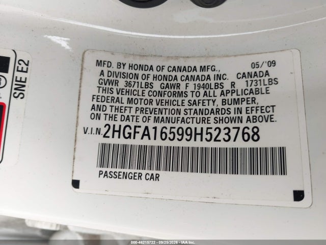 46215722 :رقم المزاد ، 2HGFA16599H523768 vin ، 2009 Honda Civic Lx مزاد بيع