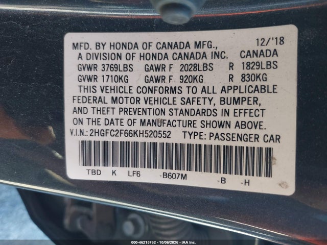 Honda Civic Lx 2019 2HGFC2F66KH520552 Image 9