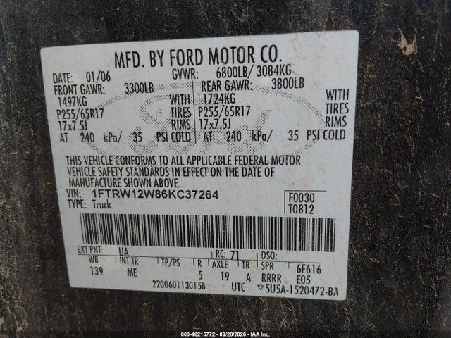 2006 Ford F-150 Xlt მანქანა იყიდება აუქციონზე, vin: 1FTRW12W86KC37264, აუქციონის ნომერი: 46215772