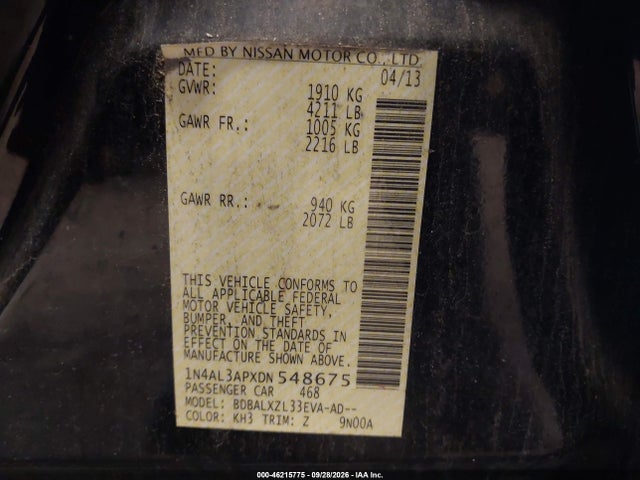 Продаж на аукціоні авто 2013 Nissan Altima 2.5 Sl, vin: 1N4AL3APXDN548675, номер лоту: 46215775
