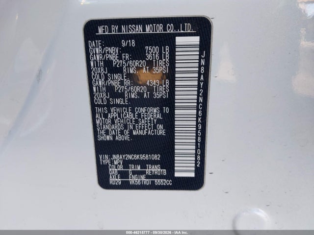 Продаж на аукціоні авто 2019 Nissan Armada Platinum, vin: JN8AY2NC6K9581082, номер лоту: 46215777