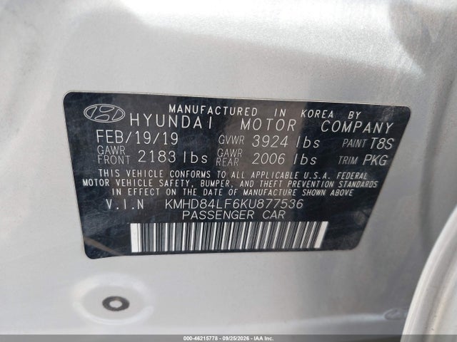 Aukcja sprzedaży 2019 Hyundai Elantra Sel, vin: KMHD84LF6KU877536, numer aukcji: 46215778