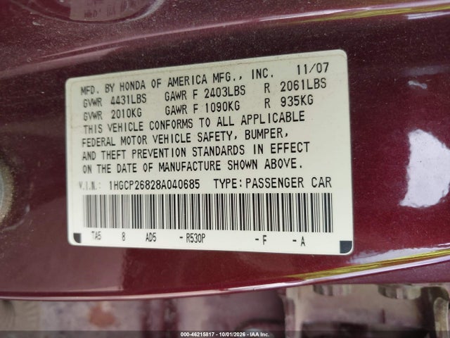Aukcja sprzedaży 2008 Honda Accord 2.4 Ex-l, vin: 1HGCP26828A040685, numer aukcji: 46215817