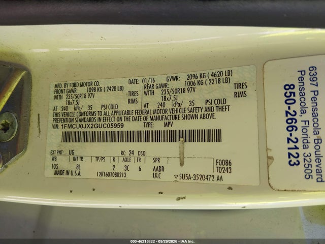 2016 Ford Escape Titanium მანქანა იყიდება აუქციონზე, vin: 1FMCU0JX2GUC05959, აუქციონის ნომერი: 46215822