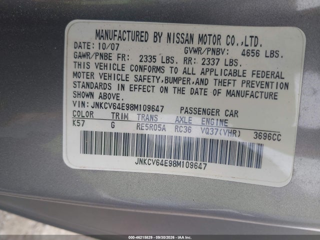 46215829 :رقم المزاد ، JNKCV64E98M109647 vin ، 2008 Infiniti G37 Journey مزاد بيع