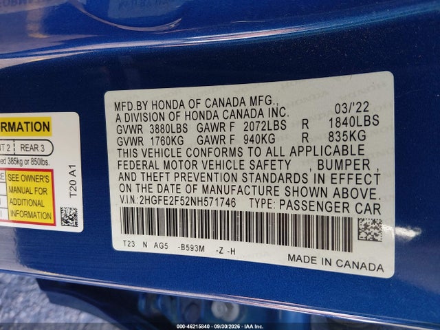 Продажа на аукционе авто 2022 Honda Civic Sport, vin: 2HGFE2F52NH571746, номер лота: 46215840