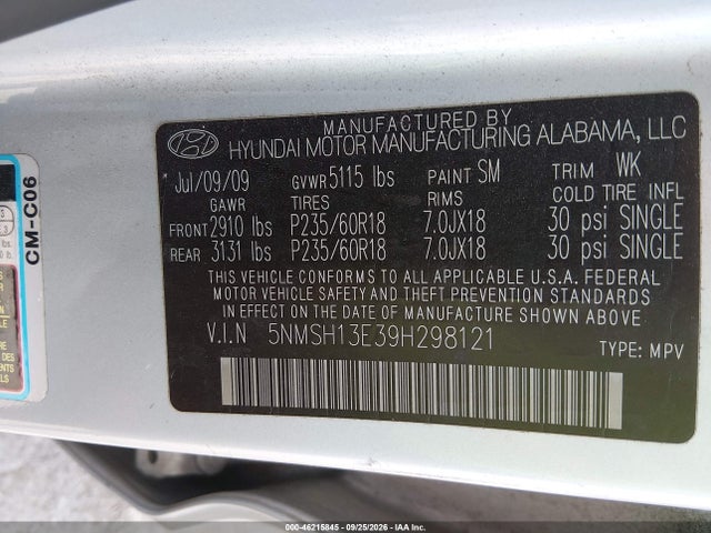 Aukcja sprzedaży 2009 Hyundai Santa Fe Limited, vin: 5NMSH13E39H298121, numer aukcji: 46215845