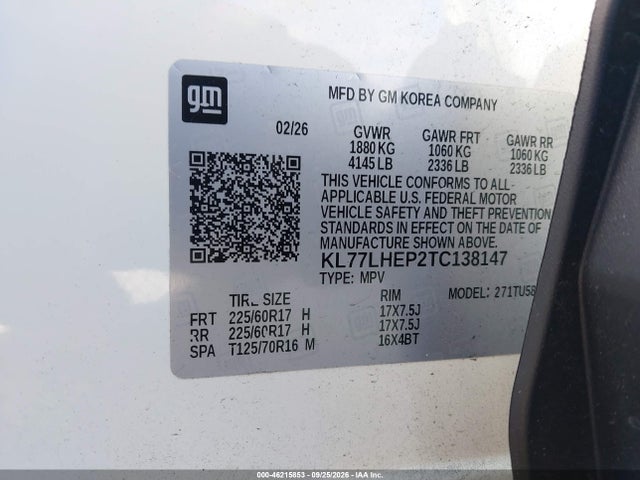 Продаж на аукціоні авто 2026 Chevrolet Trax Fwd Lt, vin: KL77LHEP2TC138147, номер лоту: 46215853