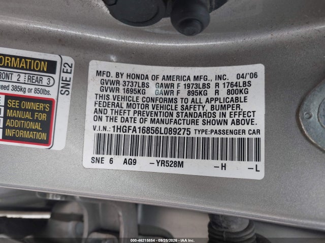 46215854 :رقم المزاد ، 1HGFA16856L089275 vin ، 2006 Honda Civic Ex مزاد بيع
