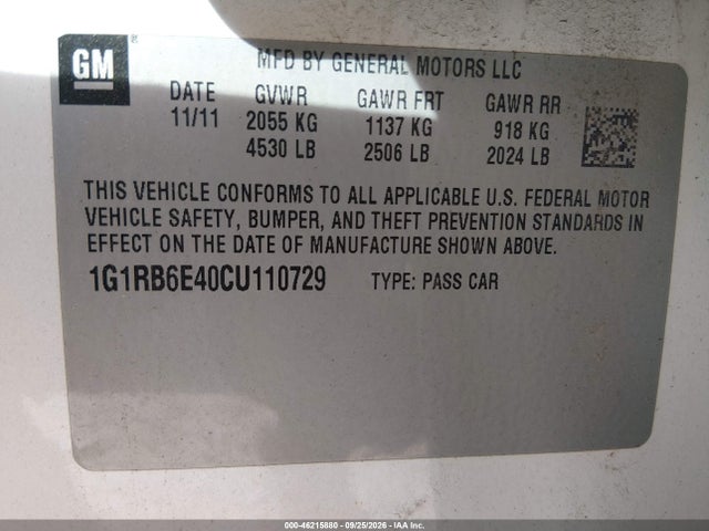 2012 Chevrolet Volt მანქანა იყიდება აუქციონზე, vin: 1G1RB6E40CU110729, აუქციონის ნომერი: 46215880