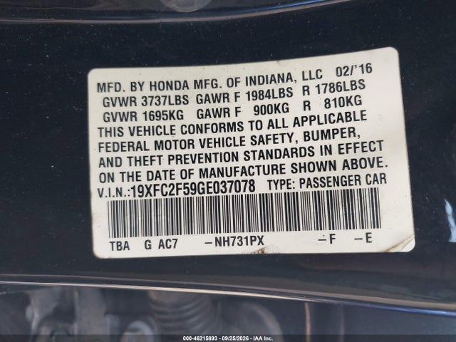 2016 Honda Civic Lx მანქანა იყიდება აუქციონზე, vin: 19XFC2F59GE037078, აუქციონის ნომერი: 46215893