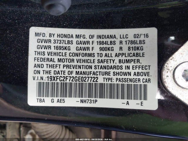 2016 Honda Civic Ex მანქანა იყიდება აუქციონზე, vin: 19XFC2F72GE027722, აუქციონის ნომერი: 46215910