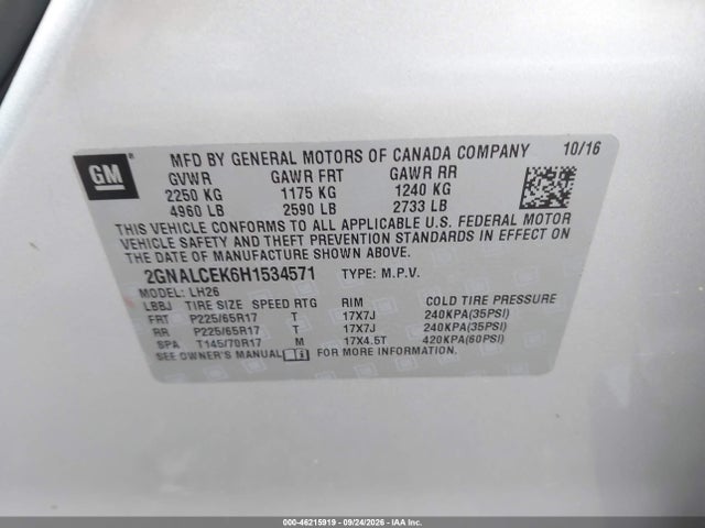 2017 Chevrolet Equinox Lt მანქანა იყიდება აუქციონზე, vin: 2GNALCEK6H1534571, აუქციონის ნომერი: 46215919