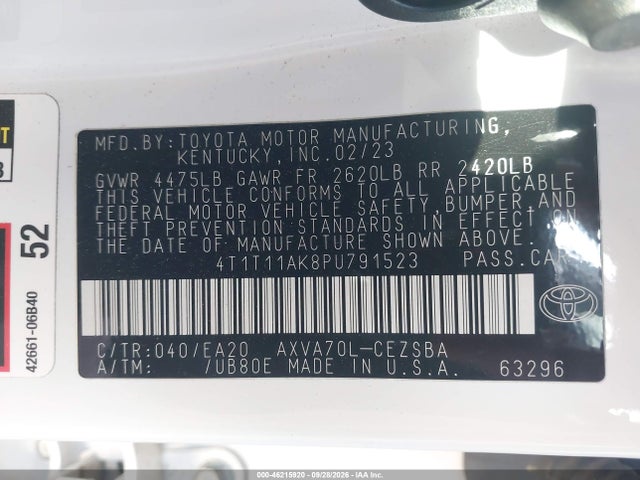 46215920 :رقم المزاد ، 4T1T11AK8PU791523 vin ، 2023 Toyota Camry Se مزاد بيع