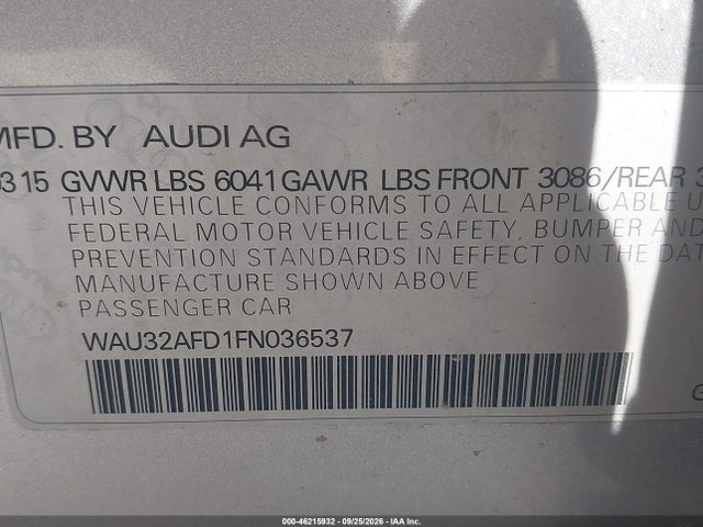 46215932 :رقم المزاد ، WAU32AFD1FN036537 vin ، 2015 Audi A8 L 4.0t مزاد بيع
