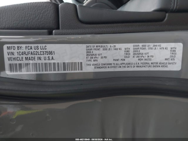 Продажа на аукционе авто 2020 Jeep Grand Cherokee Altitude 4x4, vin: 1C4RJFAG2LC375961, номер лота: 46215949