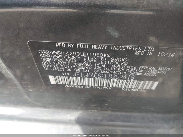 Продаж на аукціоні авто 2015 Subaru Impreza 2.0i Premium, vin: JF1GPAC62F8202418, номер лоту: 46215954