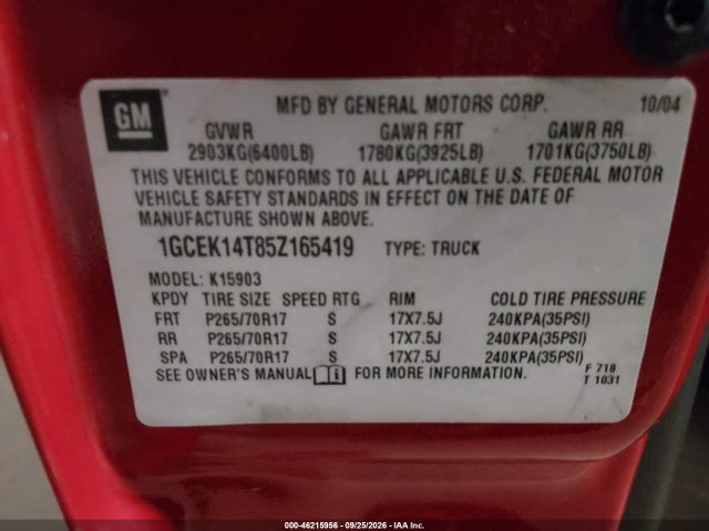 Aukcja sprzedaży 2005 Chevrolet Silverado 1500, vin: 1GCEK14T85Z165419, numer aukcji: 46215956