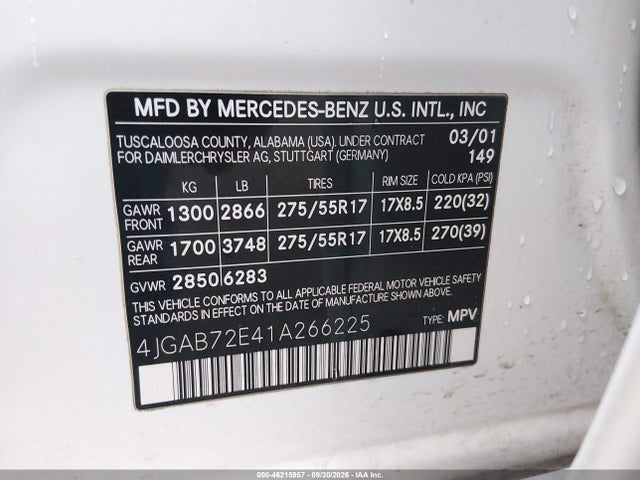 Продажа на аукционе авто 2001 Mercedes-benz Ml 430, vin: 4JGAB72E41A266225, номер лота: 46215957