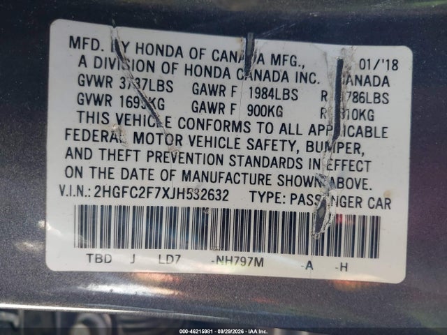 46215981 :رقم المزاد ، 2HGFC2F7XJH532632 vin ، 2018 Honda Civic Ex مزاد بيع