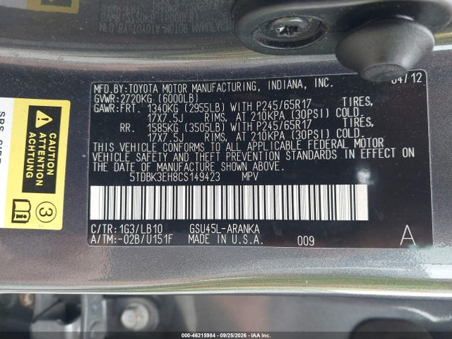 Продаж на аукціоні авто 2012 Toyota Highlander Se, vin: 5TDBK3EH8CS149423, номер лоту: 46215984