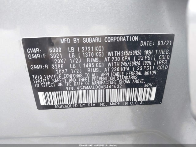 2021 Subaru Ascent Limited მანქანა იყიდება აუქციონზე, vin: 4S4WMALD0M3441632, აუქციონის ნომერი: 46215993